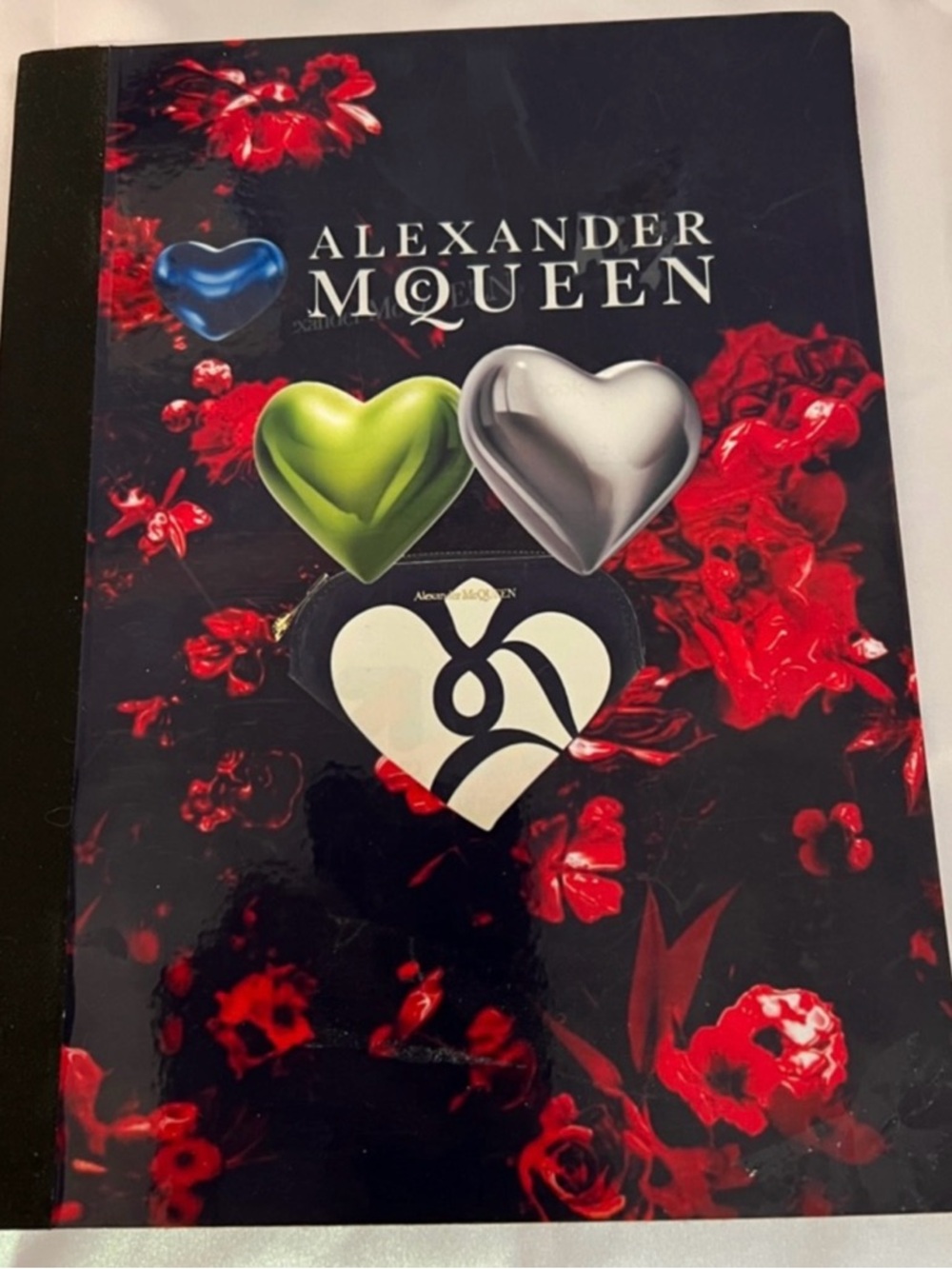 Alexander McQueen Black Notebook with Red Floral and Multicolor Heart Motifs
